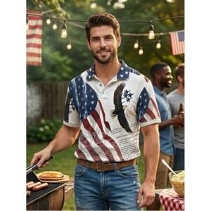 100% Cotton American Summer Patriotic Eagle & Flag Graphic Polo USA- L‎